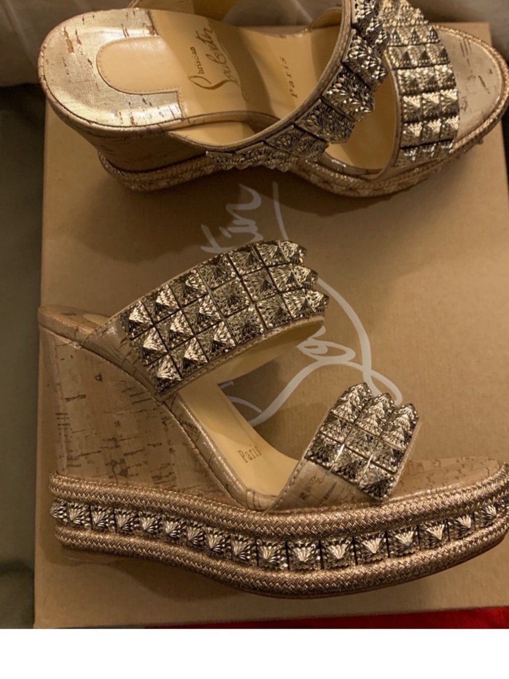 Christian Louboutin Metallic Taupe Crystal Cork Wedge Sandals - Picture 2 of 6